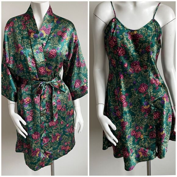 Vintage Kathryn Floral Silky Chemise Slip Nightgown & Kimono Robe Set - Small - Picture 1 of 16